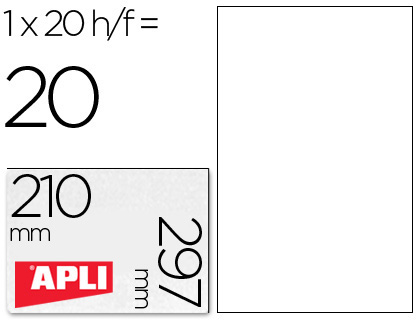 CJ20 hojas A4 20 etiquetas adhesivas Apli 01225 transparentes 210x297mm. láser